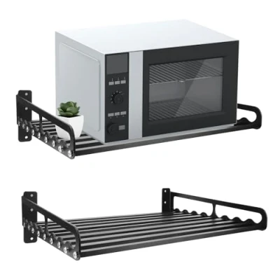 Image of Ladieshow Microwave Shelf Wall Mounted, Stand With 5 Hooks Oven Rack, Bracket Storage Rack Holder Household Kitchen Organizer（Black）(50X40)