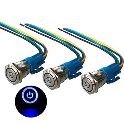 Image of QitinDasen 3Pcs Premium 12V/24V 5A Self locking Latching Push Button Switch, 16mm Car Ignition Starter Blue LED Light Stainless Steel IP67 Waterproof Switch with Socket Plug Wire