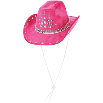 Image of Smiffys Hot Pink Rhinestone Cowboy Hat, Cowboys and Indians Fancy Dress, Western Dress Up Hats