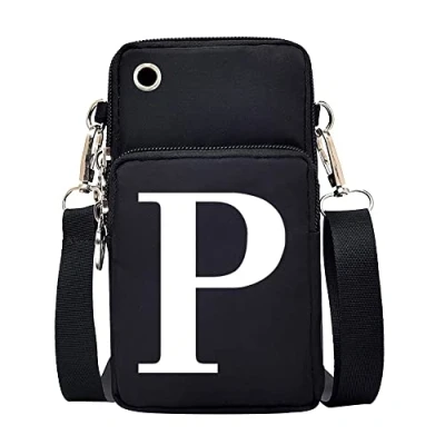 Image of FINDING CASE initial letter Printed Women Girls men Zipper Waterproof Nylon 3 Layers Crossbody Bags Wallet Cellphone Purse Shoulder Bag Wristlet Handbags Adjustable Strap (White P)