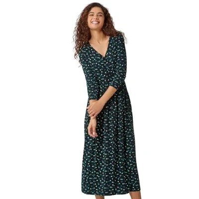 Image of Roman Originals Stretchy Dress for Women UK Ladies Pockets Gathered Waist Ruched Chest Midi Holiday Spring Summer V Neckline Evening Vacation Work Party Going Out Soft Black Green White Size 10