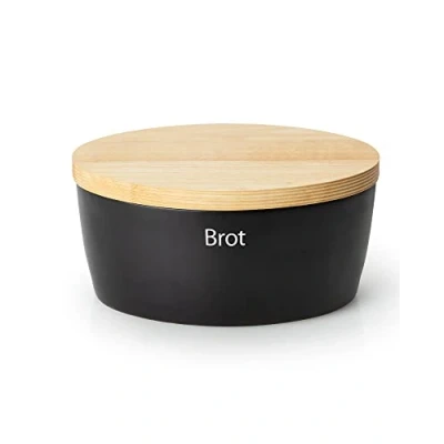 Image of Continenta Oval Ceramic Bread Bin, 36 x 23 H13,5 cm, Black with Ventilation Holes, Interchangeable Labelling, Lid as Chopping Board