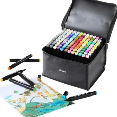 Image of SOSINYA 120 Colours Dual Tip Art Markers Set, Felt Pens for Adults, Permanent Alcohol Marker Drawing,Sketching,Anime,Manga with Carrying Case and Storage Base