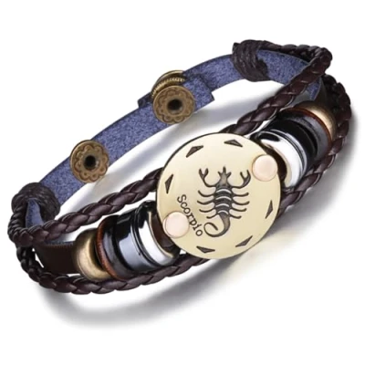 Image of Infinite U Retro Punk Mens Womens 12 Constellation Zodiac Sign Bracelet Braided Leather Alloy Charm Multilayer Wristband Bangle