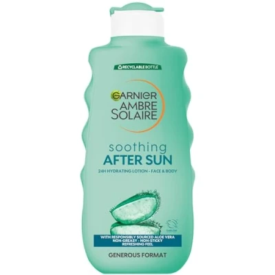 Image of Garnier Ambre Solaire After Sun Lotion, for Face &amp; Body, with Naturally Derived Aloe Vera, Intensely Rehydrates Skin, Instant Cooling Effect, Approved by Cruelty Free International, 400 ml