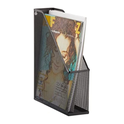 Image of Relaxdays Stand Metal Mesh Upright Lever Arch File A4 to C4, Archive Box, Eyelets For Wall Mounting, Document Holder, Metal, Black, 31.5 x 7.2 25 cm