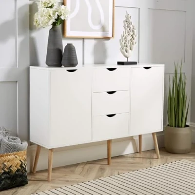 Image of Home Source Sideboard Storage Cabinet, 2 Door, 3 Drawer Cupboard, Solid Wood Legs, White, Scandi Style