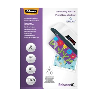 Image of Fellowes A3 Laminating Pouches, Gloss Finish, 25 Sheets, 160 Micron (2 x 80 Micron) High Quality Finish with Image Last Directional Mark, Ideal for Photos and Notices