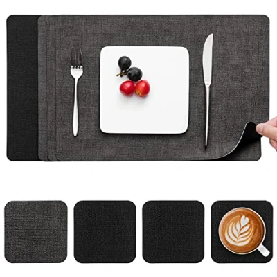 Image of Myir JUN Placemats and Coasters Set of 4, Place Mats Dual Sided Faux Leather Table PU Indoor Outdoor Heat Resistant Placemat Square Non Slip Wipeable Washable Dining Restaurant (Black Grey)
