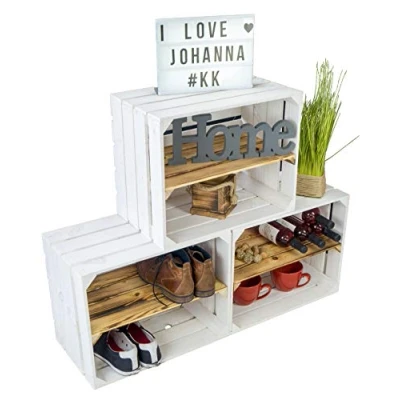 Image of Set of 3 White Fruit Crates with Flamed Shelf, Long Apple Crate, Wine Storage Box, 50 x 30 40 cm
