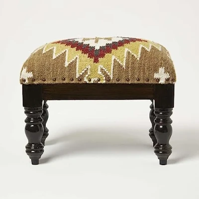 Image of HOMESCAPES Jaipur Kilim Footstool Traditional Handmade Brown &amp; Red on Wooden Legs Rectangle 50 x 30 40 cm Handwoven Wool Cotton Pouffe with Indian Geometric Design
