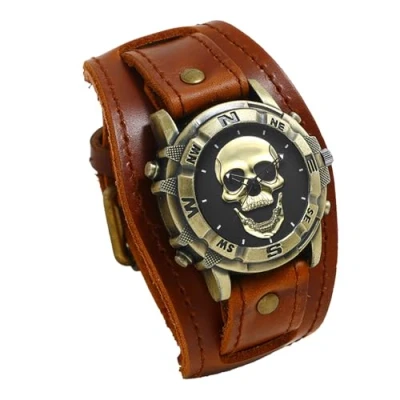 Image of JewelryWe Men&#039;s Brown Leather Watch: Vintage Sport Casual Analog Quartz Halloween Punk Biker Skull Decorative Face Wide Strap Watch