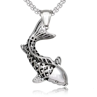 Image of DonDon Men’s Leather Necklace 20.47 inch (52 cm) with Pendant Lucky Fish Koi Stainless Steel in Velvet Pouch
