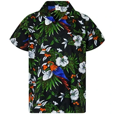 Image of King Kameha Mens Vintage Hawaiian Shirt Casual Short Sleeve Button Down Bird Designs, Cherry Parrot, Grey, XXL