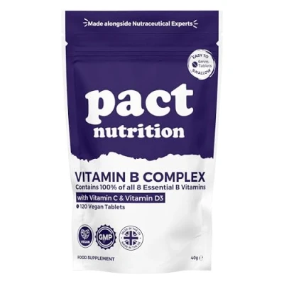 Image of Vitamin B Complex High Strength All 8 Essential Vitamins B1 B2 B3 B5 B6 B7 B9 B12, Biotin, Folic Acid, C &amp; D3 120 Easy to Swallow Tablets VIT Vegan Supplement Pact Nutrition