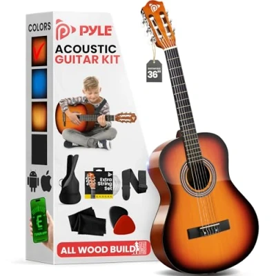 Image of Pyle Beginner 36 Classical Acoustic Guitar 3/4 Junior Size 6 String Linden Wood w/Gig Bag, Tuner, Nylon Strings, Picks, Strap, For Beginners, Adults PGACLS82SUN (Sun Burst)