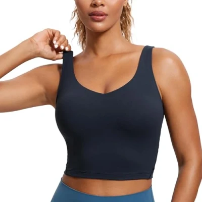 Image of CRZ YOGA Butterluxe Womens V Neck Padded Sports Bra Longline Workout Crop Tank Top with Built in Twilight Blue M