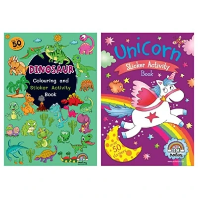 Image of Anila&#039;s A4 Dinosaur &amp; Unicorn Sticker Activity Colouring Books Set of 2