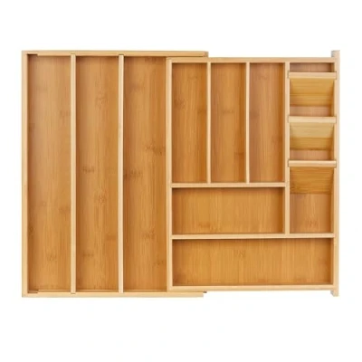 Image of Relaxdays Cutlery Tray, Extendable, 8 11 Compartments, HxWxD: 5.5x32 54x42 cm, Bamboo &amp; MDF, Drawer Organiser, Natural, Fibreboard