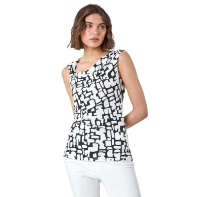 Image of Roman Womens Geometric Asymmetric Neck Stretch Top Black Size 20 UK