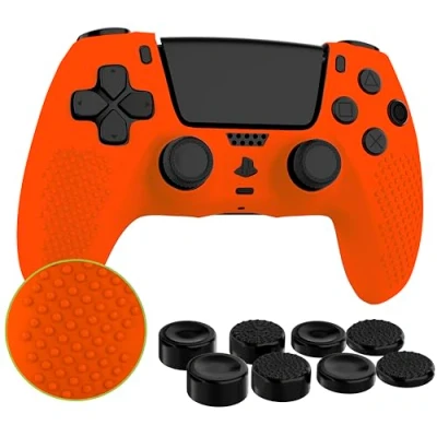 Image of MyGadget Silicone Skin Compatible with PS5 Controller 8 Thumbsticks (2 Pairs High / 2 Low) Playstation 5 Dualsense Wireless Cover in Orange
