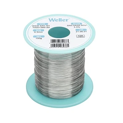Image of Weller WSW SAC M1 (T0051388199) Lead Free Solder Wire, Ø 0.3mm, Alloy Sn96.5Ag3.0Cu0.5, Flux Content 3.5%, 100g, Silver