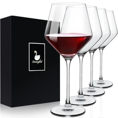 Image of Swanfort Red Wine Glasses Set of 4, Long Stem Crystal Glasses, Burgundy Glass with Gift Box, 484ml Large for Wedding Anniversary Birthday Gifts