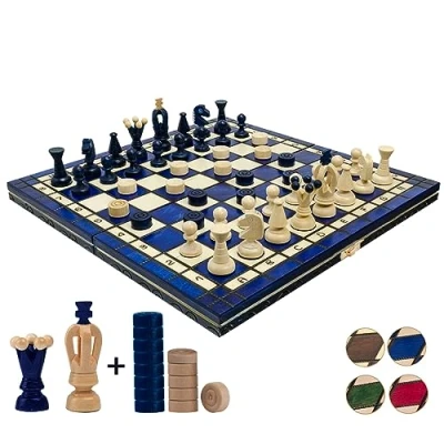 Image of GREAT KINGDOM Chess and Checkers Set Master of Blue Board 35cm For Adults Kids Handmade Portable Drafts/Draughts