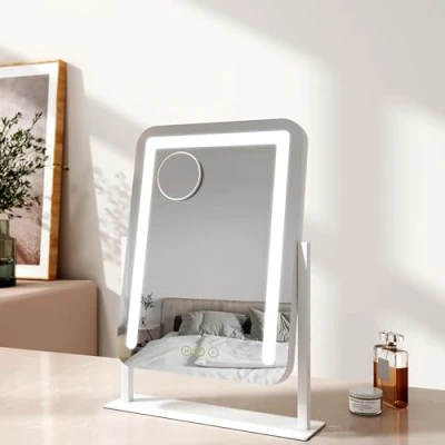 Image of EMKE Hollywood Makeup Mirror with Lights, 35 x 46 cm Small Lighted Vanity 360Rotation 3 Color Lighting Modes, 7X Magnifying Dimmable Strip Light, White