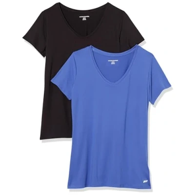 Image of Amazon Essentials Women&#039;s Tech Stretch Short Sleeved V Neck T Shirt (Available in Plus Sizes), Pack of 2, Black/Bright Blue, XXL