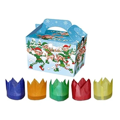 Image of MustBeBonkers 100 X VARIOUS DESIGNS CHRISTMAS XMAS CHILDRENS KIDS PARTY MEAL BOXES WITH CRACKER HATS (NAUGHTY ELF)