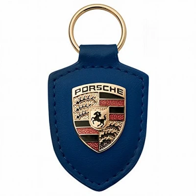 Image of Porsche Original Key Fob Blue Leather with Metal Colour Crest in Black Presentation Box