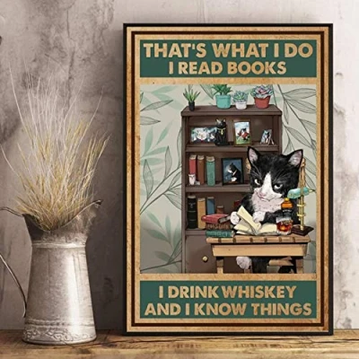 Image of Inga Tuxedo Cat Read Books And Drink Whiskey Poster Parlor Cafe Garage Funny Gift Metal Signs 8x12 inch