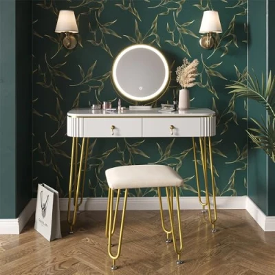 Image of Vicco Vanity table Grace, White High Gloss, 100 cm with LED lighting and stool