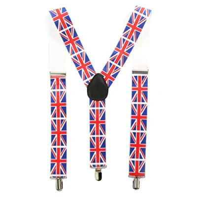 Image of I LOVE FANCY DRESS Union Jack Flag Braces British Suspenders VE Day, Queens Jubilee, Britain Celebrations