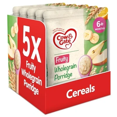 Image of Cow &amp; Gate Fruity Wholegrain Porridge Baby Food Cereal, 6+ Months, 125g (Pack of 5)
