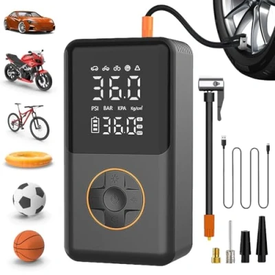 Image of IndoTeam Tyre Inflator Air Compressor car with Pressure Gauge Cordless Rechargeable Portable Pump Digital for Bike Ball