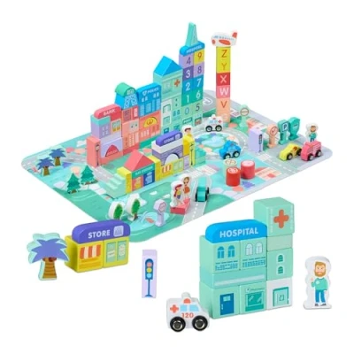 Image of Wooden City Building Blocks Set x100, Puzzle Mat, Buildings, Letters, Numbers, Suitable for Ages 3+, Colourful Relaxdays