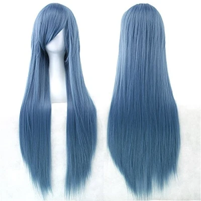 Image of Fouriding 32&quot; Army Blue Women&#039;s Long Straight Full Wigs Costume Synthetic Hair Hairpieces with Oblique Bangs for Halloween Anime Cosplay Party Girl Women +Wig Cap