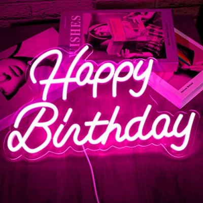 Image of Happy Birthday Neon Sign Home Decor Lights Bedroom Wall Night Light Up Party Decoration Dimmable Switch Reusable LED USB Power Supply 5V (Pink)