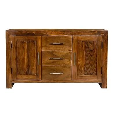 Image of Oak and Pine Online Solid Sideboard Indian Cabinet 2 Door 3 Drawer in Cube Petit Dark Sheesham Living Room Furniture