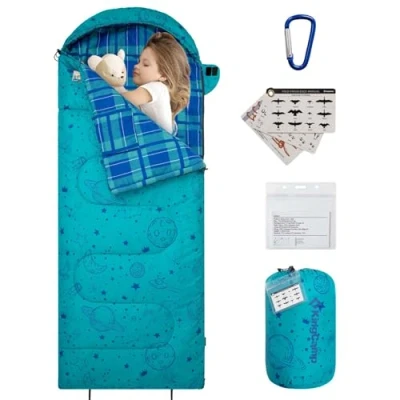 Image of KingCamp Kids Sleeping Bag, Flannel Bag for Outdoor Use, Multifunctional Portable Blanket Warm and Comfortable, Water Resistant, Unfoldable, Perfect Camping, Traveling