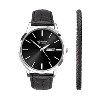 Image of Sekonda Classic Jackson Gift Set Men&#039;s 40mm Quartz Watch in Black with Analogue Day/Date Display, and Leather Strap