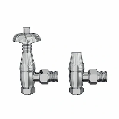 Image of NRG Traditional Antique Angled Central Heating Radiator Valve 15mm Thermostatic Lockshield Valves Chrome