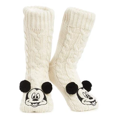 Image of Disney Women&#039;s Slippers Socks Fluffy Slipper (Beige Mickey Mouse)
