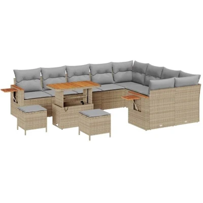 Image of vidaXL 12 Piece Garden Sofa Set with Cushions Beige Poly Rattan Acacia