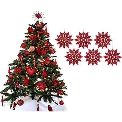 Image of UKDeals Direct® RED COLLECTION CHRISTMAS DROPLET BAUBLES TREE DECORATIONS GLITTER MATT ICICLES (Pack of 6 Snowflake)