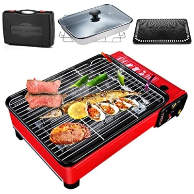 Image of COYOUCO Portable Butane Camping Grill, Tabletop Gas Barbecue Stove Grill BBQ Burner Cooker with Plate, Outdoor/Indoor Camp Carrying Case,Stove pot