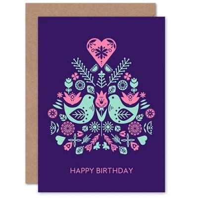 Image of Wee Blue Coo Scandi Style Shapes Pattern Purple Happy Birthday Sealed Greeting Card Plus Envelope Blank inside