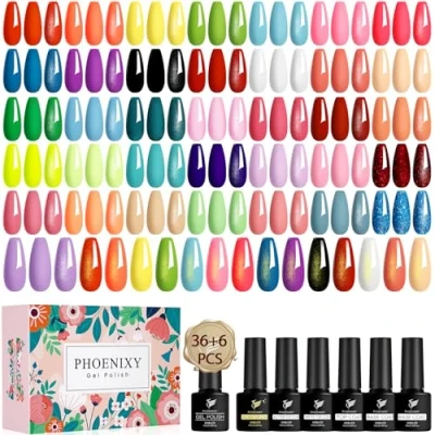 Image of PHOENIXY Gel Nail Polish, 42 PCS 36 Colors UV Polish Set Red Blue Varnish with Base Matte Glossy Glitter Golden Top Coat Kit Gift for Women